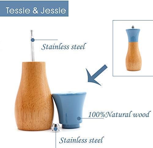 Salt Grinder Wooden Pepper Salt Grinder Set Pepper Mill Salt & Pepper Shakers - Stainless Ceramic Refillable Oilcan Stylish for Sea Salt Black Pepper - By Tessie & Jessie (Oilcan5"+6", Blue)
