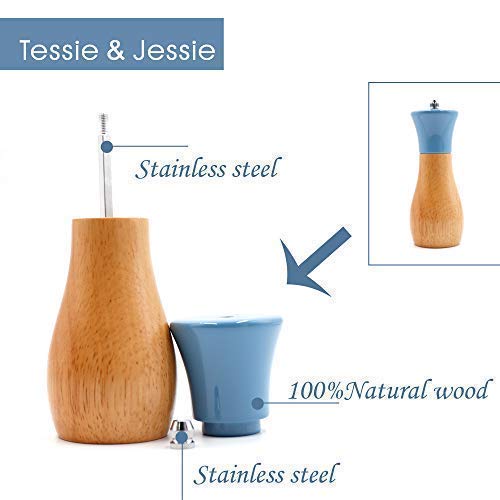 Salt Grinder Wooden Pepper Salt Grinder Set Pepper Mill Salt & Pepper Shakers - Stainless Ceramic Refillable Oilcan Stylish for Sea Salt Black Pepper - By Tessie & Jessie (Oilcan5