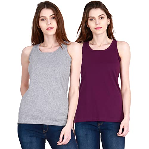 Image of FLEXIMAA Women's Cotton Plain Round Neck Sleeveless T-Shirt