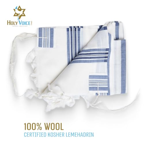 Image of HOLY VOICE 100% Wool Tallit Prayer Shawl Kosher Certified White with Stripes for Men, Made in Israel w / 100% Wool Tzitzit