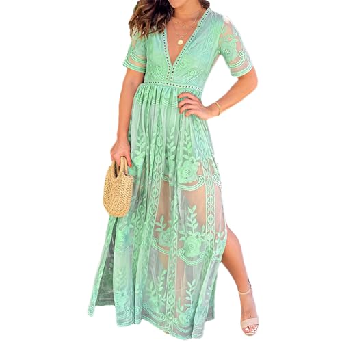 amropi Womens Deep V Neck Short Sleeve Floral Lace Dress Long Bridesmaid Maxi Dresses Light Green,XXL
