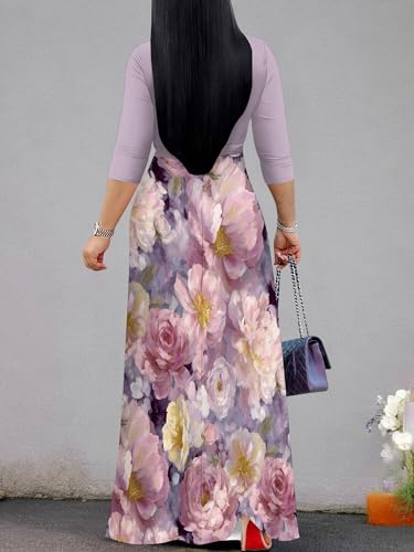 Image of Women's V Neck Floral Maxi Dress 3 /4 Sleeve Plus Size Boho Wrap Flowy Long Dresses with Belt