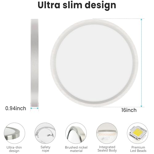 Image of libtit 16Inch Flush Mount LED Ceiling Light Fixture, 3000K 4000K 6500K Adjustable, 36W 3600lm Brushed Nickel Satin Round Ceiling Lamp for Bathroom Shower Hallway Kitchen, 4 Pack