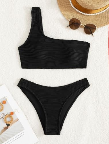 Image of YIMISAN Women's Ribbed Bikini Sets One Shoulder Top with Mid Waist Two Piece Bathing Suit