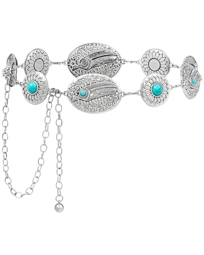 Kajeer Western Chain Belts, Women Concho Belt Turquoise Cowgirl Country Silver Country Waist Belts for Dresses Jean
