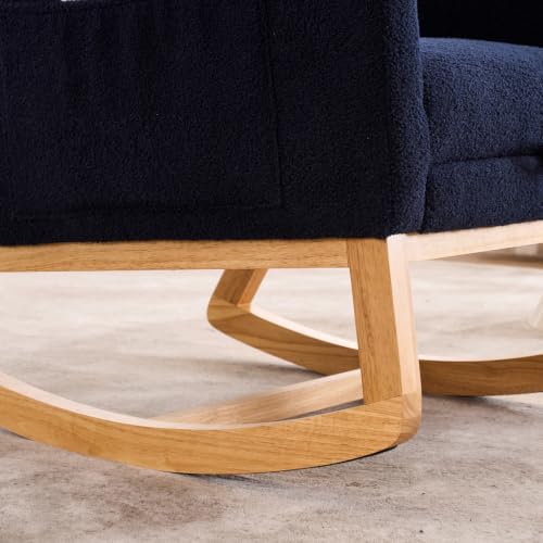 Image of Nursery Rocking Chair with Foot Rest, Teddy Upholstered Glider Chair with Side Pocket, Comfy Rocker Accent Armchair, Modern High Back Rocking Chairs for Living Room, Bedroom, Navy