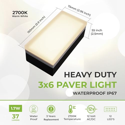 Image of LUMENGY Paver Light 3x6 Inch (2.95 X 5.9), 2700K Warm White Glare-Free Illumination for Driveways, Pathways, Pool Deck & Patios, 12V AC /DC, Waterproof & Drive-Over Rated V2