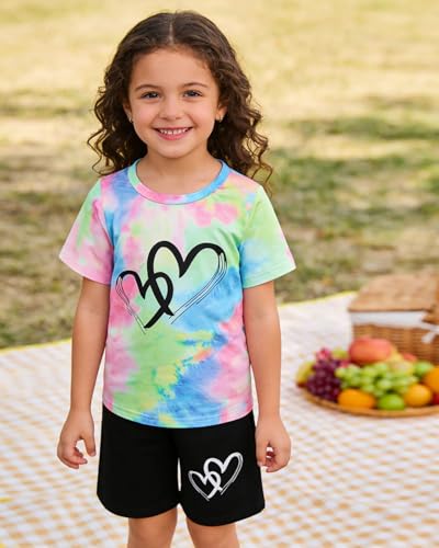 Image of Kids Girl Clothes Tie Dye Heart Print Short Sleeve Top and Shorts Toddler Girl Summer Outfits Short Set
