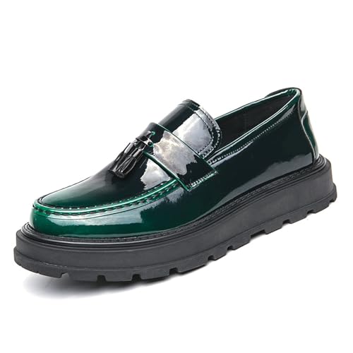 Platform Loafers for Men Black Soft Patent Leather Chunky Heel Loafers Slip-On Office Dress Casual Shoes