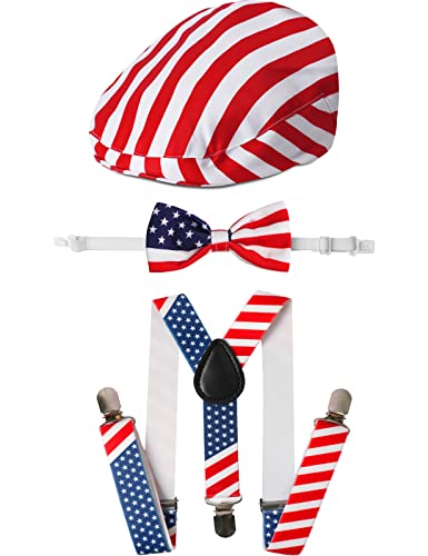 A&J Design Boys Suspenders And Bow Tie Set Newsboy Hat For Baby 4Th Of July Patriotic Independence American Flag Cap Stars And Stripes 3-6 Months #TOP21