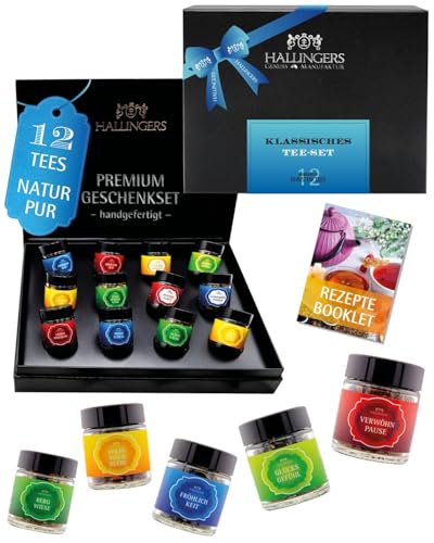 Hallingers Genuss Manufaktur Tee Geschenkset - 12 Sorten Premium loser Tee im Glas in edler Geschenkbox, vegan und glutenfrei, perfekte Geschenkidee mit feinem Aroma für Frauen, auch zu Weihnachten
