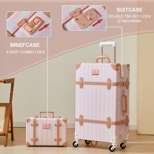 Image of UNIWALKER Vintage Suitcase Set, 3 Piece Retro Spinner Trunk, TSA-Approved Travel Luggage with Cosmetic Train Case for Women, Pink Strip, 26 inch+20 inch+12 inch