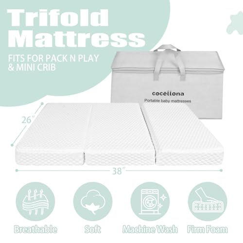 Image of Pack and Play Mattress, 38x26 Dual-Firmness Memory Foam Trifold Pack n Play Mattresses Topper with Carry Bag, Portable Travel Baby Mattress for Pack N Play