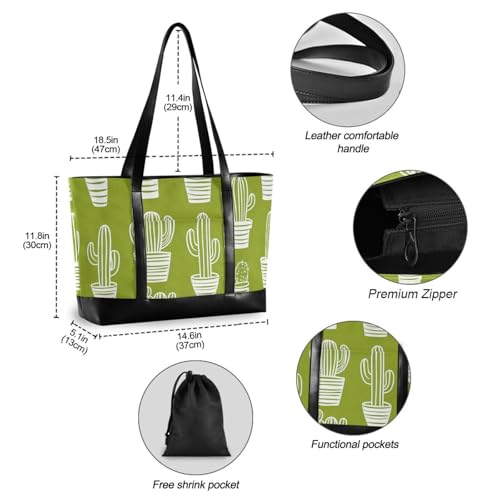 KLL Green Cactus Pattern Sturdy 14inch laptop tote with zipper bag 14 inch Large Handbag for Pool Gym Grocery Travel with lunch bulto para laptop4