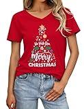 Crewhpo Camisetas Navidad Mujer Camiseta Manga Corta con Cuello en V Xmas Top Básico Informal con Estampado Camiseta Navideña