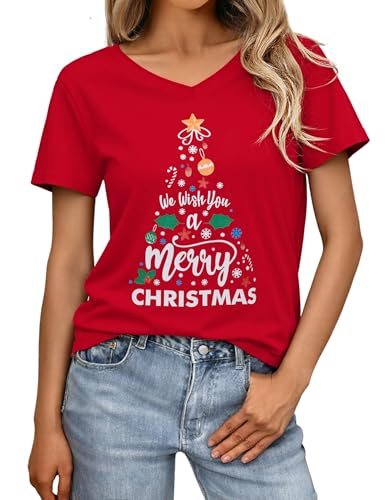 Crewhpo Camisetas Navidad Mujer Camiseta Manga Corta con Cuello en V Xmas Top Básico Informal con Estampado Camiseta Navideña