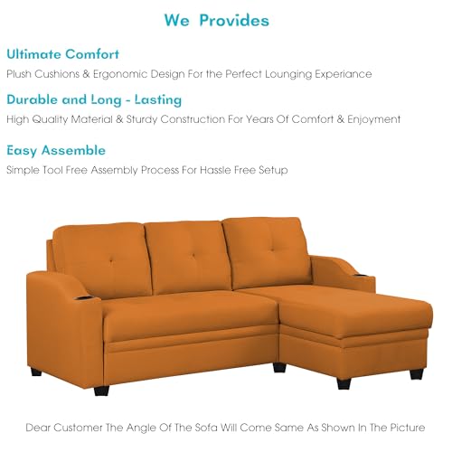 Image of Casaliving Ravonna RHS 4 Seater L Shape Corner Sofa Cum Bed for Living Room (Orange Fabric) Premium Fabric Sofa