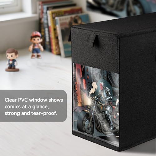 Image of 2 Pack Comic Book Storage Box with Lid for Modern Age, Collapsible Magazine Organizer with Clear Window, Heavy Duty Case Container Holder, Black