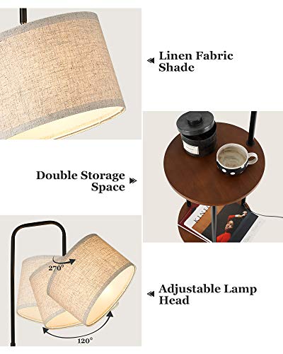 Elyona Modern Floor Lamp With End Table, Rubber Wood Bedside Table Lamp With Adjustable Drum Shade, Rustic Tall Pole Shelf Reading Standing Light For Farmhouse Bedroom, Living Room, Office - Walnut #TOP5