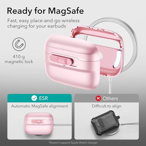 Image of ESR for AirPods Pro 2 Case (2023 /2022 /2019, 2nd /1st Gen), Compatible with Airpods Pro 2 (USB-C /Lightning Cable), MagSafe Ready, Magnetic Lid Lock, Full Drop Protection Cover with Lanyard, Pink
