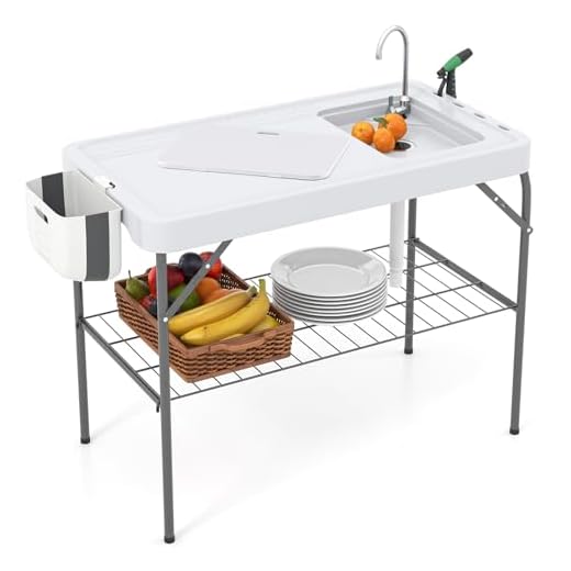 Goplus Folding Fish Cleaning Table with Sink and Spray Nozzle, Portable Camping Sink Table with Faucet, Drainage Hose, Grid Rack, Knife Groove, Outdoor Fish Fillet Cleaning Station for Dock Picnic