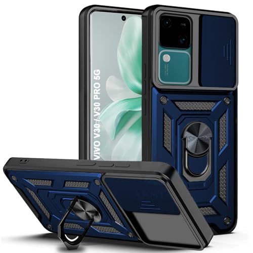 Image of AESTMO Tough Armor Vivo V30 / V30 Pro 5G Bumper Back Case Cover | Ring Holder & Sliding Camera Shield Cover | 360 Degree Protection Back Case Cover for Vivo V30 / V30 Pro 5G (Blue)