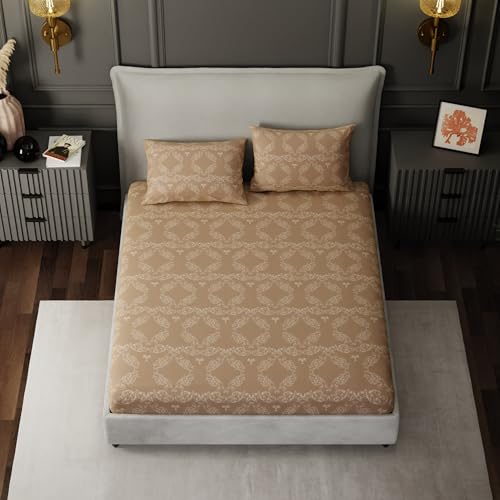 Image of BLISSHOME Everlast 150TC King Size Fitted Bedsheet with 2 Pillow Covers, Aesthetic Bedding, Wrinkle Resistant, 100+ Wash Durable, Quick Dry, Elegant Ornate Pattern - Beige (183cm x 198cm + 25cm Drop)