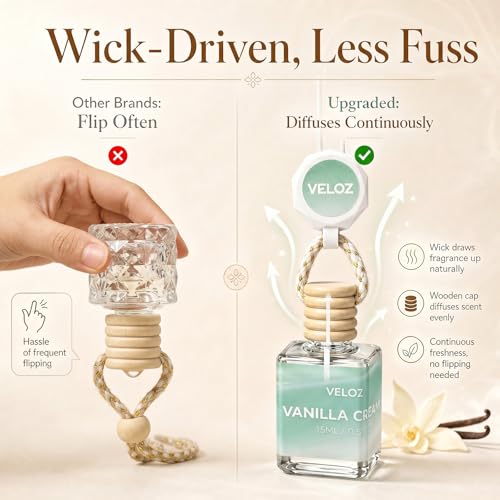 Image of Vanilla Cream Hanging Car Air Freshener Diffuser, 15ml Reed Wick Essential Oil Bottle with Adjustable Rearview Mirror Clip, Long-Lasting Car Scent for Cars SUVs Trucks