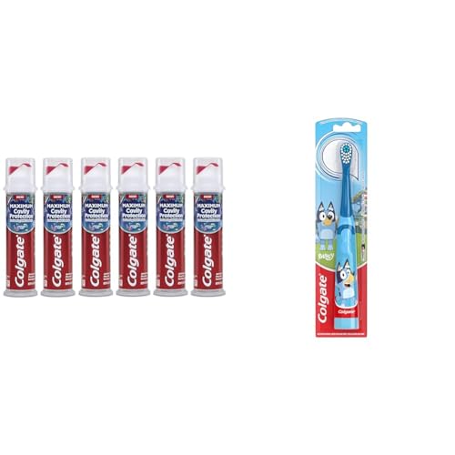 Colgate Kids Toothpaste Pump with Fluoride, Anticavity & Cavity Protection Toothpaste, for Ages 6+ & Kids Battery Powered Toothbrush, Kids Battery Toothbrush with Included AA Battery