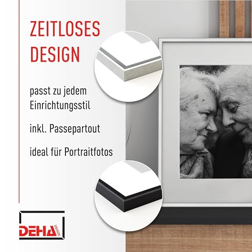 DEHA Design Trauerrahmen, 21 x 29,7 cm (A4), Aluminium, Silber, mit Passepartout 13x18, Portraitrahmen zum Auftstellen und Aufhängen im Hoch- & Querformat, Echtglas, Memoria