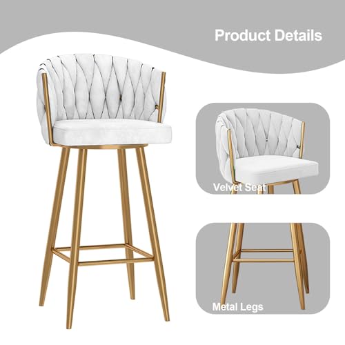 Tabouret de bar pivotant en velours blanc design tressé - 5