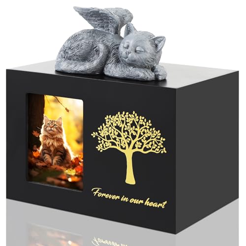 ZESTEFY Tierurnen für Hunde und Katzen aus Holz mit Bilderrahmen & Katzenengel-Statue – Urne zur...