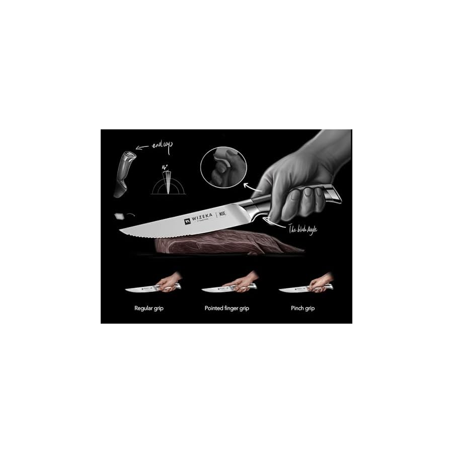 WIZEKA Steak Knives Set of 8, German Stainless Steel 5 Inches Serrated Straight Edge Steak Knife Set, One Piece Design Knife Set of Steak with Box, Silver Wings Series