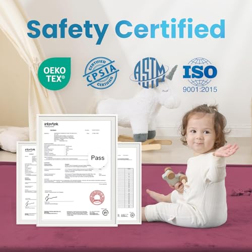 Image of 1.3 inch Thick Baby Play Mat for Floor Playpen, 50x50 Foam Tummy Time Mat, Padded Support Soft Plush Nursery Rug for Infant Kids Toddler Crawling Kick Activity (Burgundy)