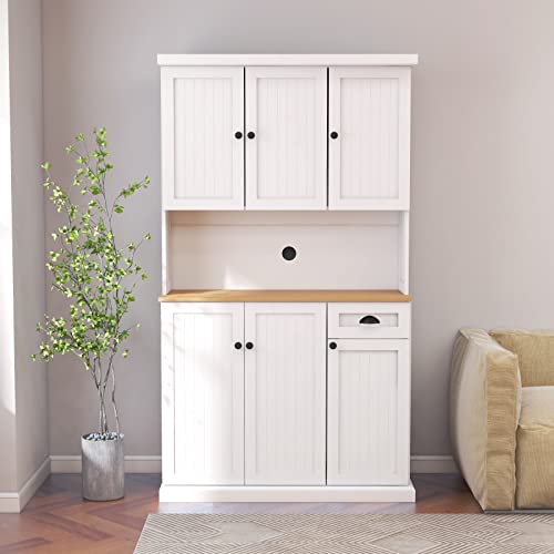 Rasoo Buffet Hutch Cabinet Kitchen Sideboard Pantry Cabinet Wood Kitchenware Server Kitchen Storage Microwave Cabinet With 3 Doors Upstairs And 3 Doors Downstairs And 1 Drawer, White #TOP2