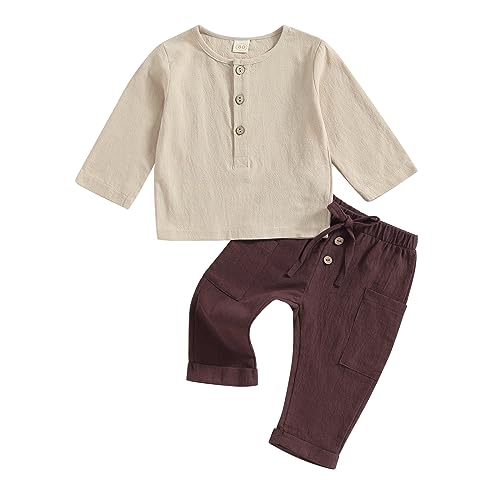 Image of Thorn Tree Toddler Boys Girls Fall Outfits Long Sleeve Button Down Shirt Elastic Waist Pants 2Pcs Little Kids Clothes Set