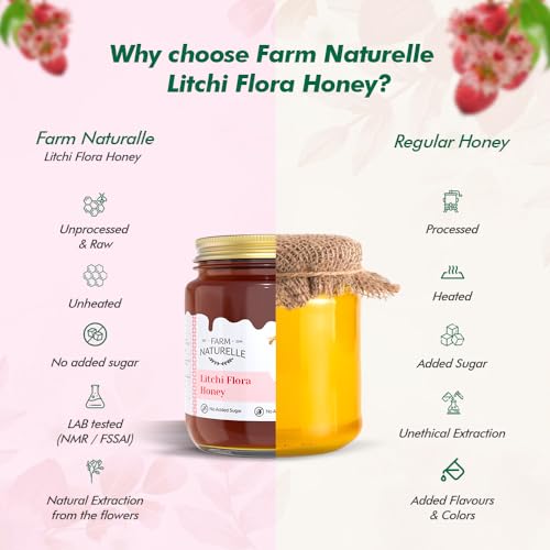 Image of Farm Naturelle Litchi Forest Flower Wild Honey 700gm + 75g Extra|100% Pure Honey | Raw & Unfiltered|Unprocessed|Lab Tested Honey In Glass Jar with Engraved Virgin Wooden Spoon