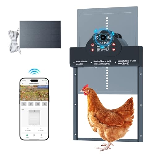 Automatic Chicken Coop Door Solar Powered with 2K Camera & Night Vision IP65 Wireless Auto Door Opener 6-Month Battery APP Control 2-Way Audio Anti-Pinch Design (Blue Gray)