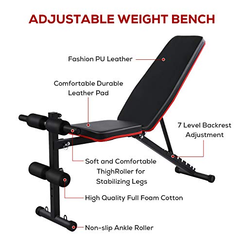 Weight Bench Adjustable, Workout Bench Press, Foldable Incline Decline Sit Up Exercise bench, Flat Strength Training Benches for Home Gym with Resistance Bands