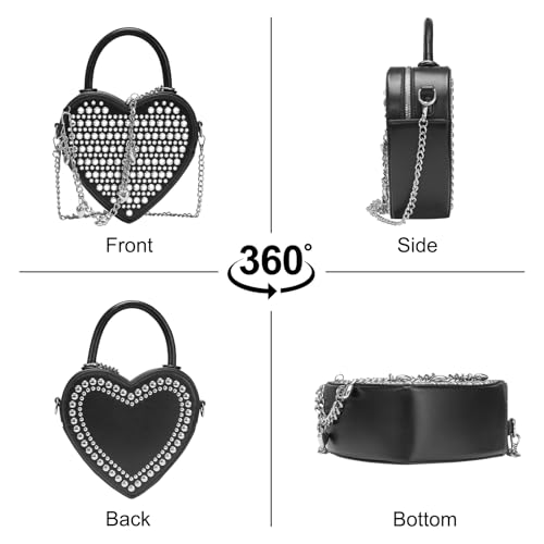 Image of TRBSXRT Heart Satchel Crossbody Purse for Women - Rivets Embellished Shoulder Bag, Leather Heart Shaped Handbag (Black)