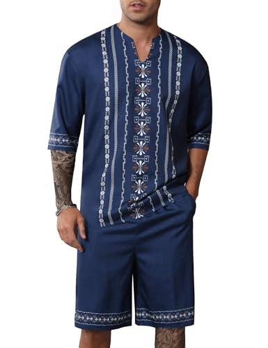 Men's Print Linen Shirts and Shorts Set Short Sleeve 2 Piece Beach Vacation Outfits Summer Yoga Suits With Pockets