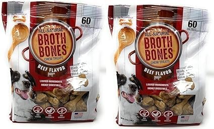 Beef Broth Bones Dog Chew Treats All-Natural. 60 CT 2.6lbs. Limited Ingredients Highly Digestible, No Corn, No Chicken, No Wheat.(Pack of 2)