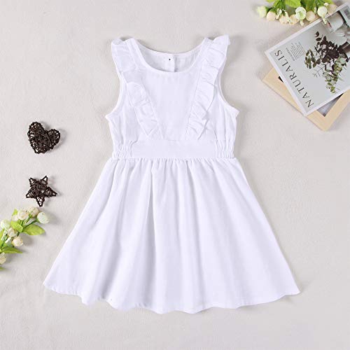 GLIGLITTR Toddler Baby Girl Cotton Linen Summer Dress Ruffle Decoration Button Down Sleeveless Kids Casual Beach Dresses 1-5T(3-4T) White - Thumbnail 2