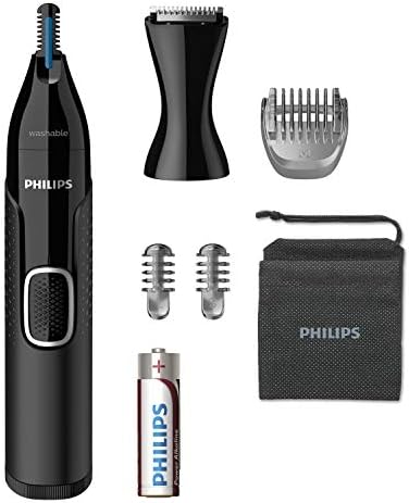 Philips Series 5000 NT5650/16 Trymer do brwi, nosa i uszu, pełny komfort bez wyrywania, system Protective Guard, możliwość mycia w wodzie, bateria AA, 2 nasadki do brwi, etui, czarny