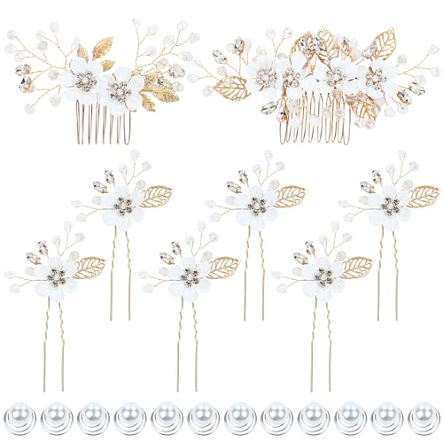 Dizila 20 Pieces Bridal Wedding Party Prom Rhinestone Pearl Gold White Flower Hair Side Combs Slides+U-shaped Flower Hair Pins+Twist Spiral Pearl Hair Pins Headpieces for Brides Bridesmaids Women Girl