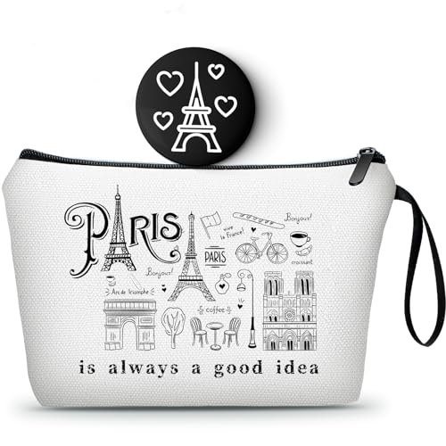 Paris Makeup Travel Bag with Mirror, Paris Themed Gifts for Women Travelers
