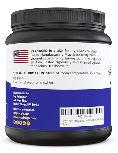 Image of Zen Principle Coconut Activated Charcoal Powder. Whitens Teeth, Rejuvenates Skin and Hair, Supports Better Digestion. USA-Owned Producers, Free Scoop, 12 Oz