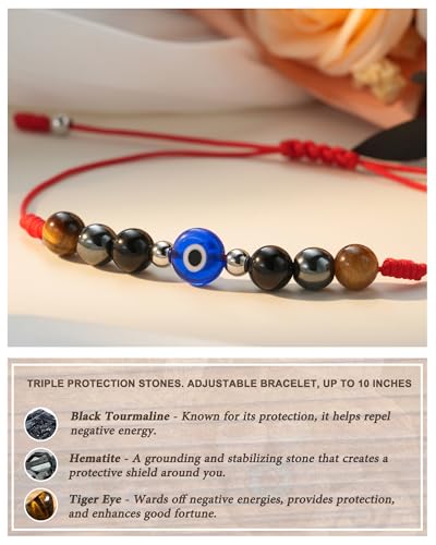 Tarsus Evil Eye Bracelets, Adjustable Red Bracelet for Women Men, Lucky Protection Gift - Black Tourmaline, Hematite, Tiger Eye Beads4