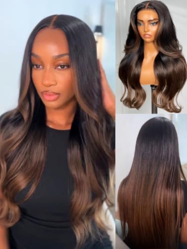 Image of Sunber Yaki Straight Ombre Chestnut Human Hair Wigs with Drawstring 18inch