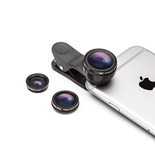 iPhone Camera Lens, Fuleadture 3 in 1 Universal 230° Fisheye Lens, 15X Macro Lens, 0.65X Wide Angle Clip-On Cell Phone Lens Kit for iPhone, Samsung and Other Smartphones